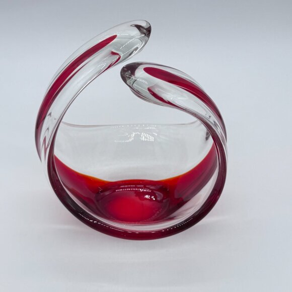 Vintage Mid Century Modern Red & Clear Art Glass Dish / Basket - Picture 4 of 6